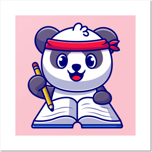 Cute Panda Writing On Book With Pencil Cartoon Posters and Art